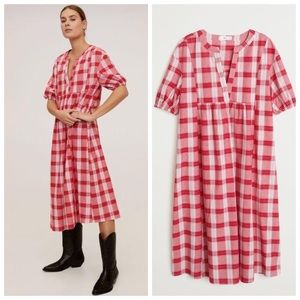 Mango Red Plaid Checkered Midi Dress Short Sleeves Size 4 100% Cotton V-Neckline